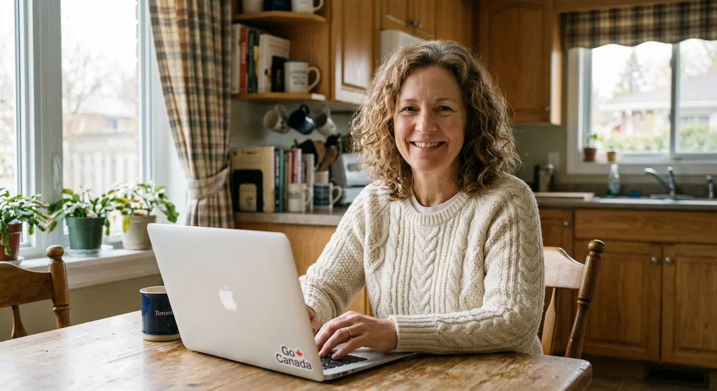 Margaret Lawson at her kitchen table with laptop
